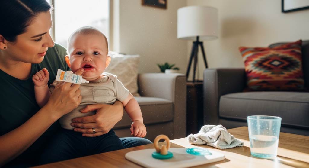 Baby smiling after relief from swollen gums and teething discomfort