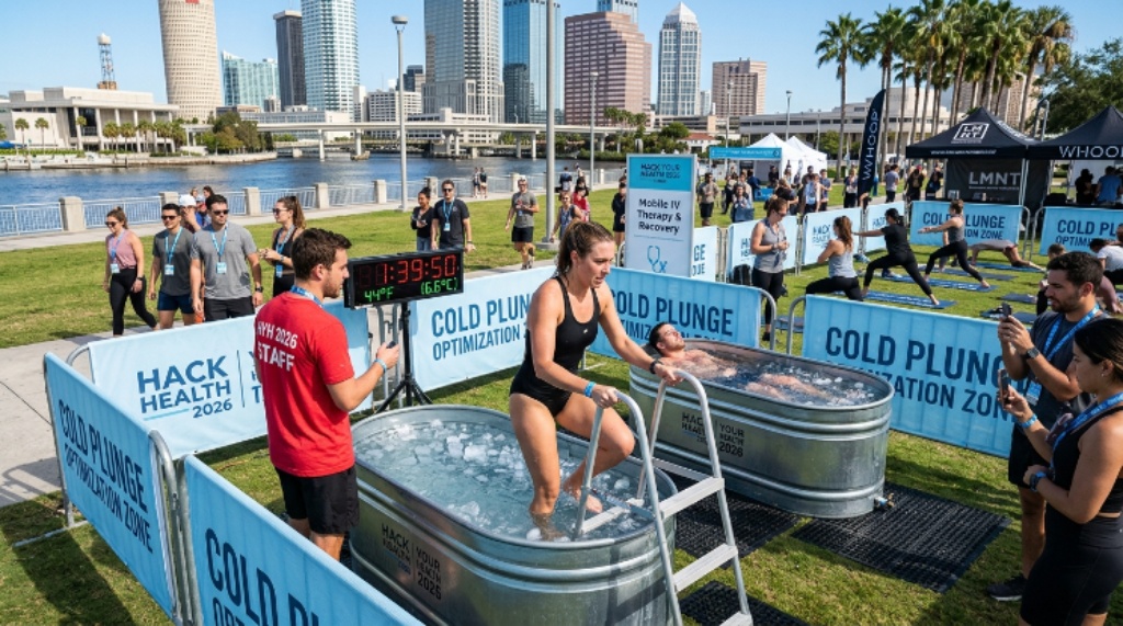 Participants trying a cold plunge station during the interactive wellness experiences at Hack Your Health 2026 Tampa