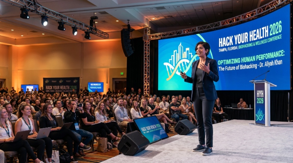 A speaker presenting on stage at the Hack Your Health 2026 biohacking and wellness conference in Tampa, Florida