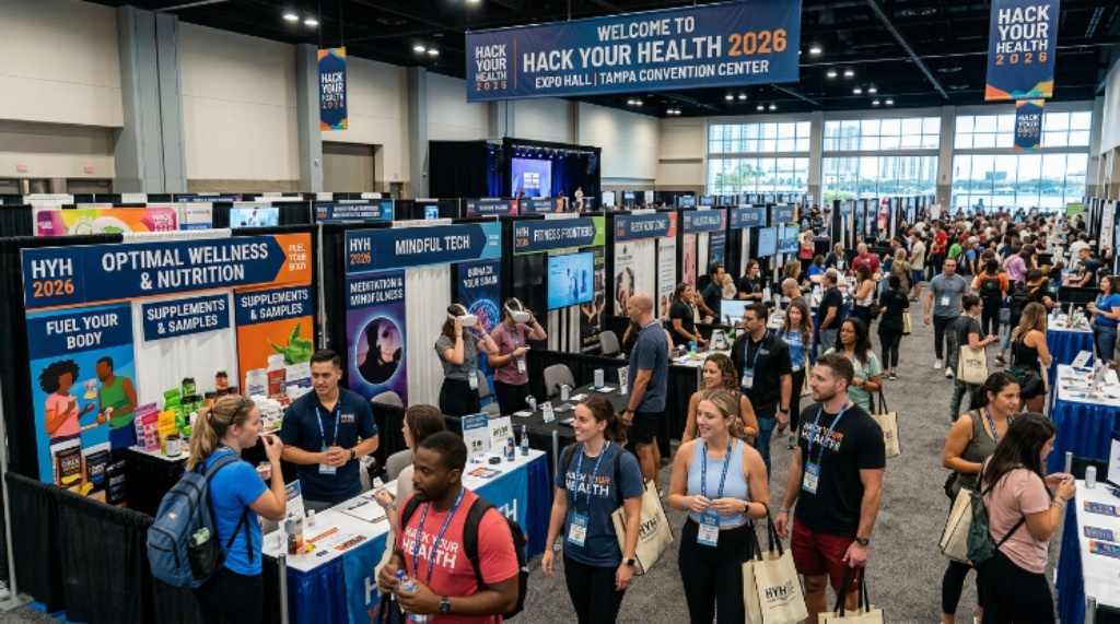Attendees exploring wellness booths at Hack Your Health 2026 expo hall inside the Tampa Convention Center