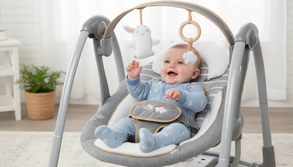 Happy infant enjoying gentle rocking motion and plush toys in deluxe baby swing