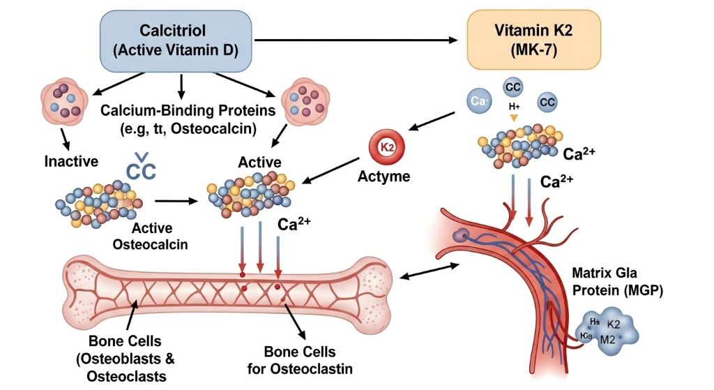 Diagram showing how vitamin K2 and D3 direct calcium absorption to strengthen bone structure