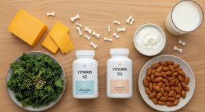 Vitamin K2 and D3 supplement bottles alongside calcium-rich foods for bone health support
