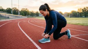 A woman lacing up supportive entry-level running shoes on a track before her morning run