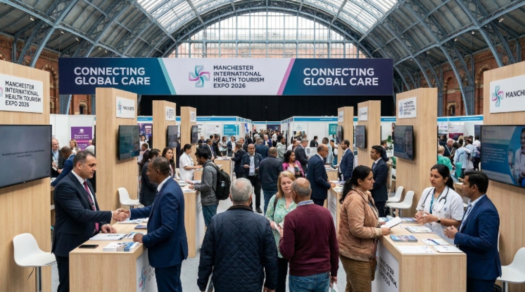 International healthcare providers and patients meeting at exhibitor booths during the Manchester International Health Tourism Expo 2026 at Manchester Central Convention Complex