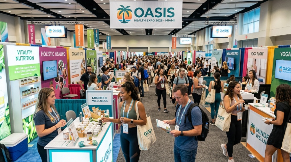 Attendees exploring health and wellness exhibitor booths at Oasis Health Expo 2026 in Miami