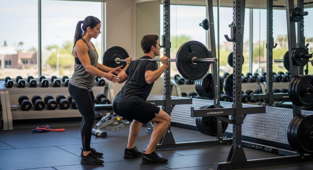 Phoenix fitness trainer guiding safe lower-body workout session indoors