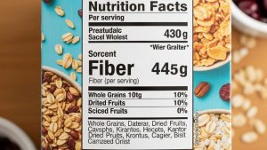 Nutrition label on cereal box showing fiber content and ingredient list for healthy breakfast choice
