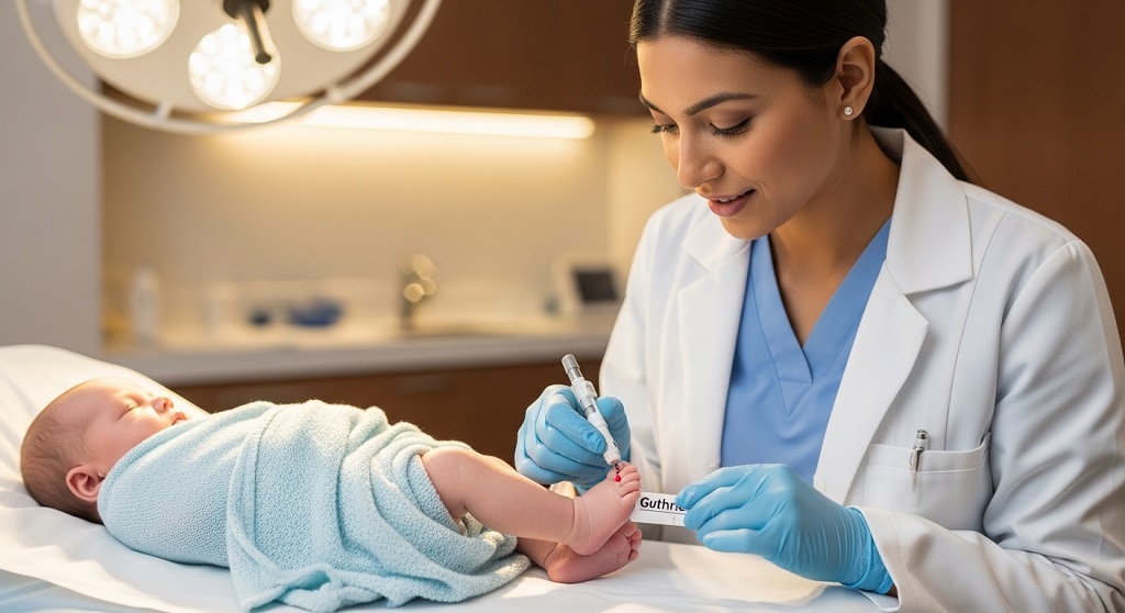Pediatrician performing a newborn heel prick test for metabolic disorder screening.